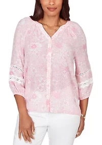 Women's Floral Silky Gauze Peasant Top