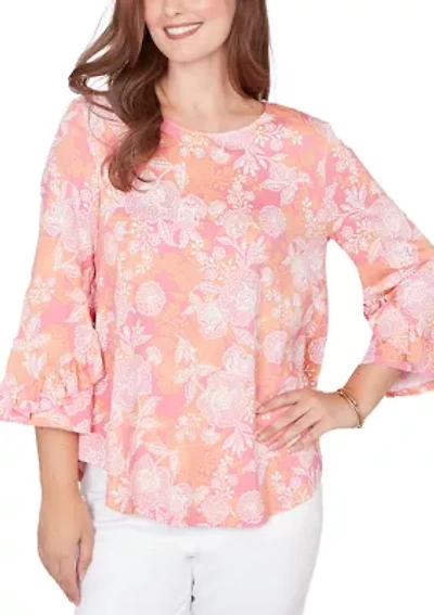 Women's Floral Puff Print Ruffle Knit Top