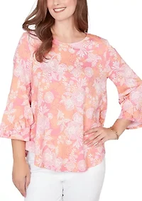 Women's Floral Puff Print Ruffle Knit Top