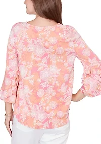 Women's Floral Puff Print Ruffle Knit Top