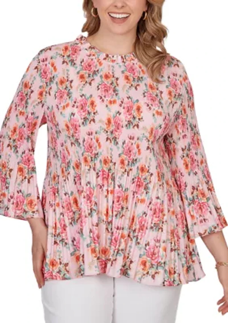Plus Pleated Floral Bell Sleeve Blouse