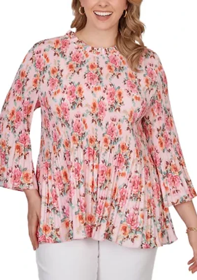 Plus Pleated Floral Bell Sleeve Blouse
