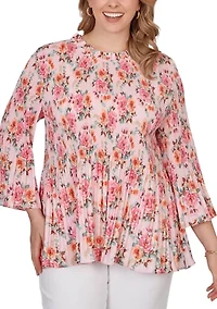 Plus Pleated Floral Bell Sleeve Blouse