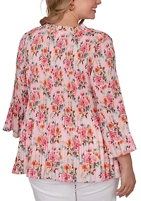 Plus Pleated Floral Bell Sleeve Blouse