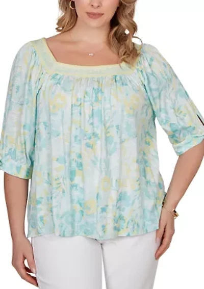 Plus Watercolor Floral Square Neck Top