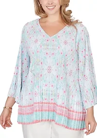 Plus Pleated Tapestry Print Bell Sleeve Blouse