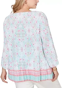 Plus Pleated Tapestry Print Bell Sleeve Blouse