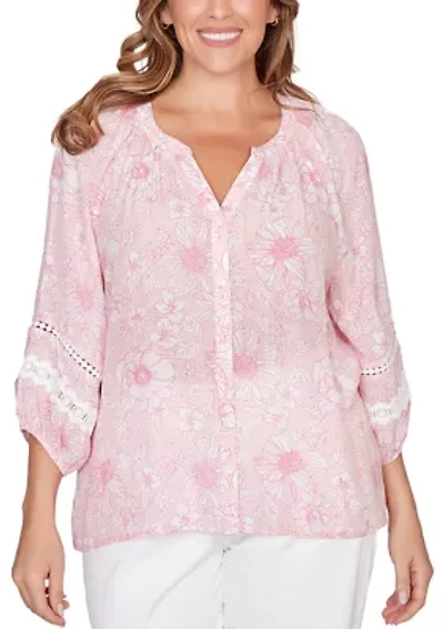 Plus Floral Silky Gauze Peasant Top