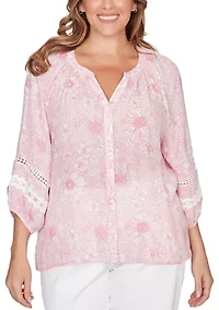 Plus Floral Silky Gauze Peasant Top