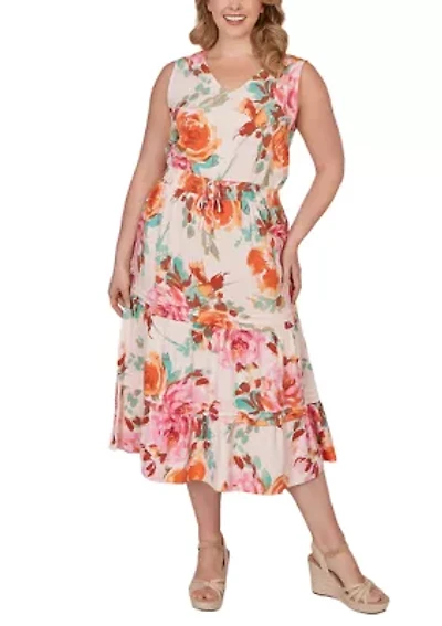 Plus Drawstring Waist Floral Linen Tiered Dress