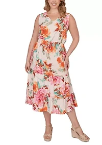 Plus Drawstring Waist Floral Linen Tiered Dress