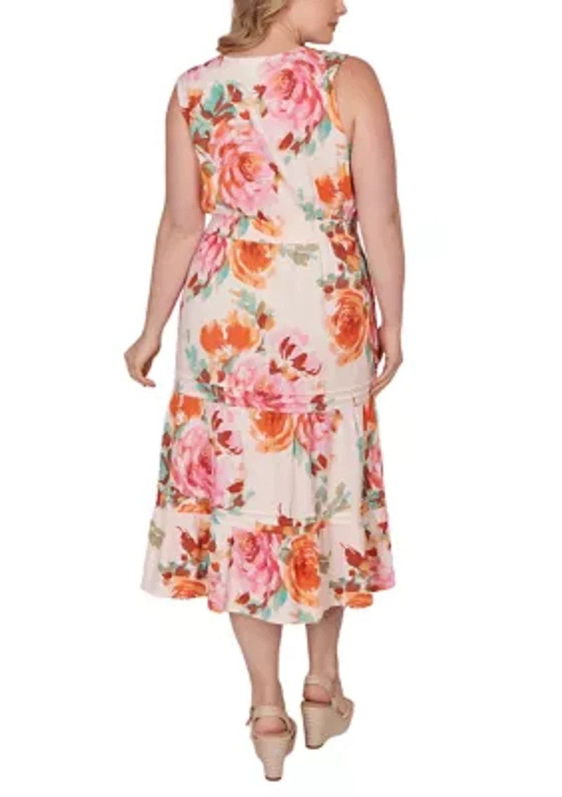 Plus Drawstring Waist Floral Linen Tiered Dress