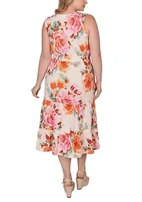 Plus Drawstring Waist Floral Linen Tiered Dress