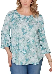 Plus Floral Puff Print Ruffle Knit Top