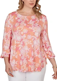 Plus Floral Puff Print Ruffle Knit Top