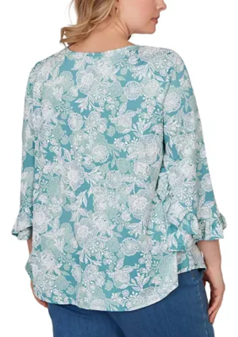 Plus Floral Puff Print Ruffle Knit Top