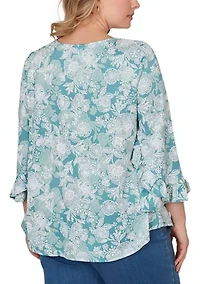 Plus Floral Puff Print Ruffle Knit Top