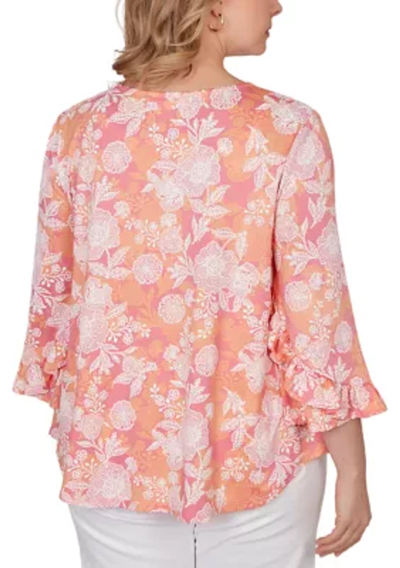 Plus Floral Puff Print Ruffle Knit Top