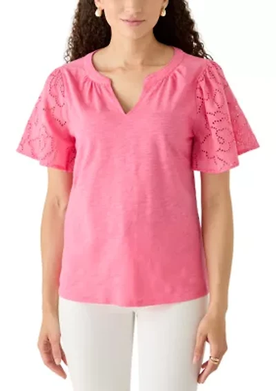 Petite Eyelet Sleeve Cotton Jersey Top