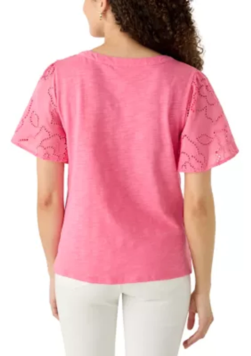 Petite Eyelet Sleeve Cotton Jersey Top