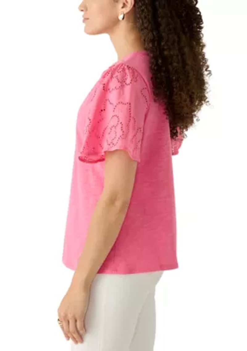 Petite Eyelet Sleeve Cotton Jersey Top