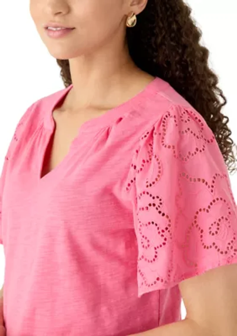 Petite Eyelet Sleeve Cotton Jersey Top