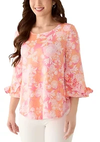 Petite Floral Puff Print Ruffle Knit Top