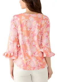 Petite Floral Puff Print Ruffle Knit Top