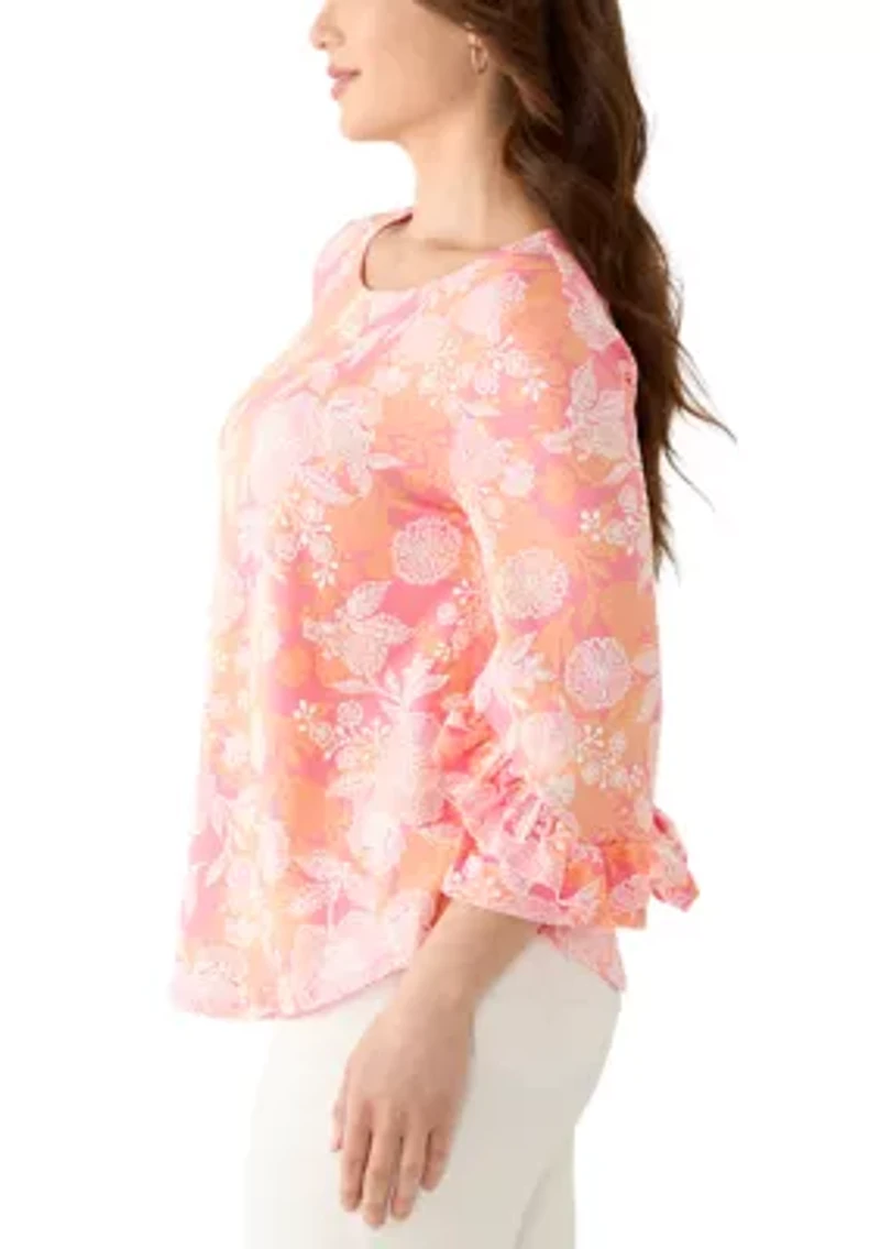 Petite Floral Puff Print Ruffle Knit Top