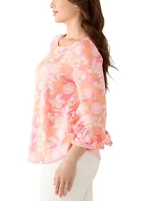 Petite Floral Puff Print Ruffle Knit Top