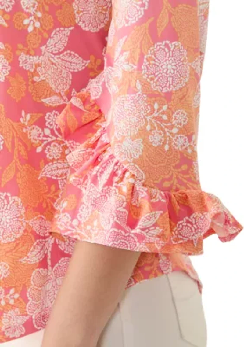 Petite Floral Puff Print Ruffle Knit Top