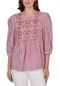 Women's Embroidered Placket Stripe Blouse