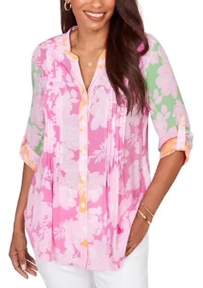 Women's Colorblock Floral Pintuck Gauze Blouse