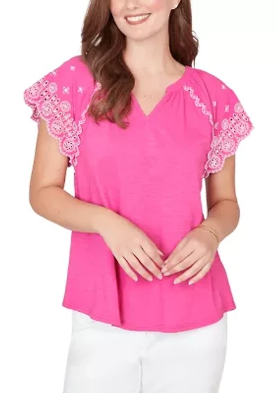 Women's Embroidered Sleeve Slub Knit T-shirt