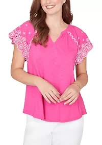 Women's Embroidered Sleeve Slub Knit T-shirt