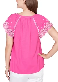 Women's Embroidered Sleeve Slub Knit T-shirt