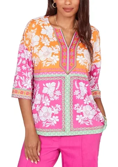 Women's Embroidered Placket Patchwork Knit Top