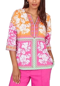 Women's Embroidered Placket Patchwork Knit Top