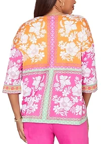 Women's Embroidered Placket Patchwork Knit Top