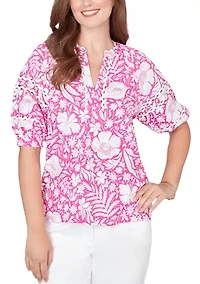 Women's Tropical Floral Trim Knit Top