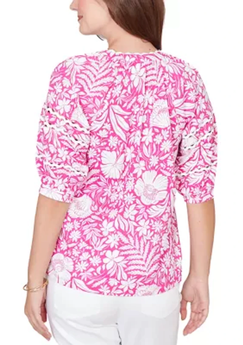 Women's Tropical Floral Trim Knit Top
