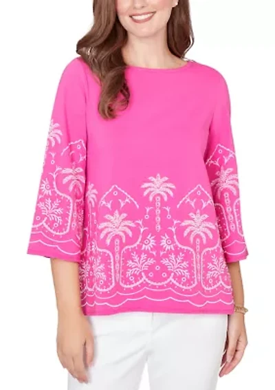 Women's Palm Tree Embroidered Knit Top