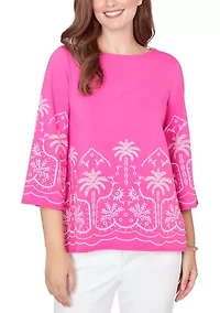 Women's Palm Tree Embroidered Knit Top