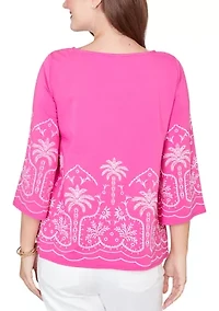 Women's Palm Tree Embroidered Knit Top