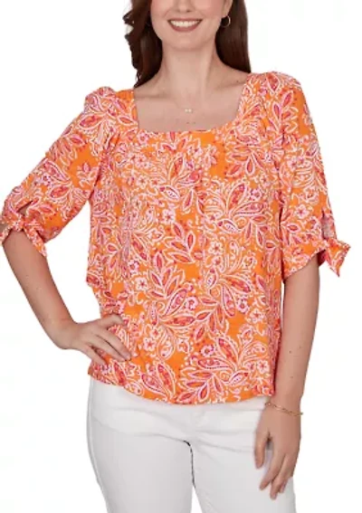 Women's Paisley Print Tie Sleeve Knit Top