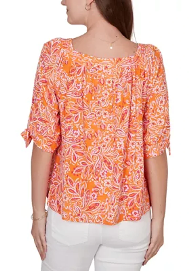 Women's Paisley Print Tie Sleeve Knit Top