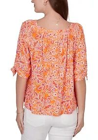 Women's Paisley Print Tie Sleeve Knit Top