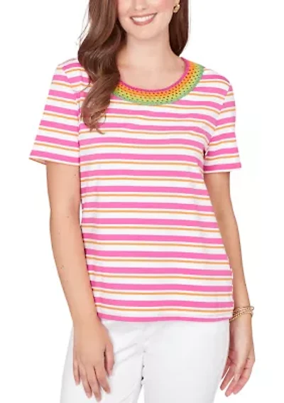 Women's Crochet Neck Stripe Knit T-Shirt