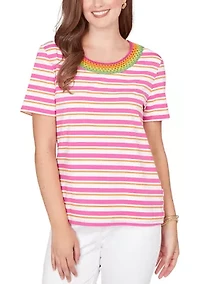 Women's Crochet Neck Stripe Knit T-Shirt