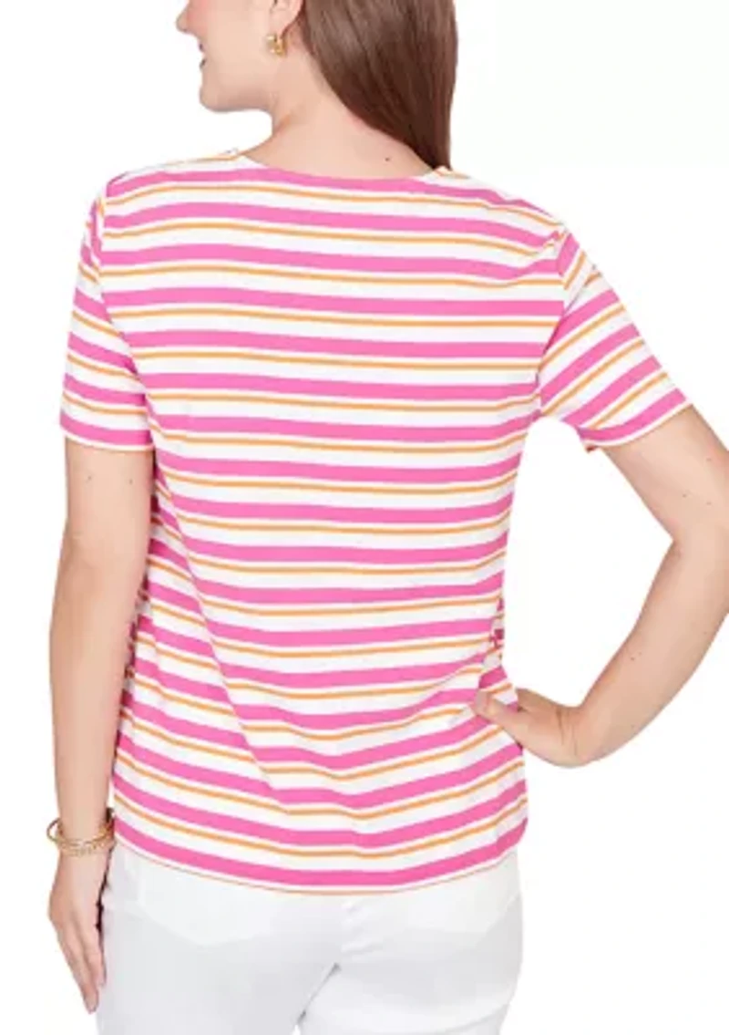 Women's Crochet Neck Stripe Knit T-Shirt